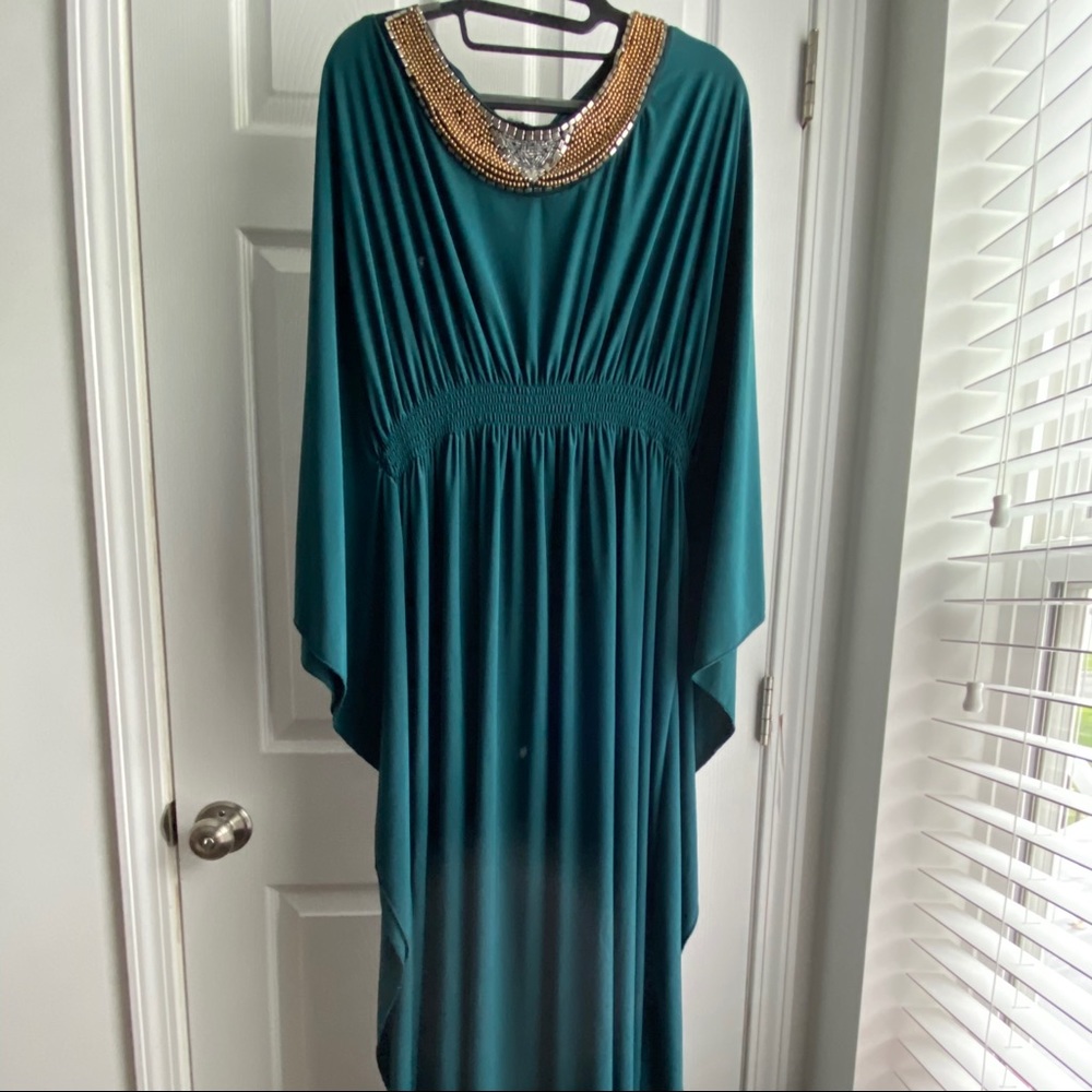 Maxi Dress, Teal Green, Stately, Jewelled Collar